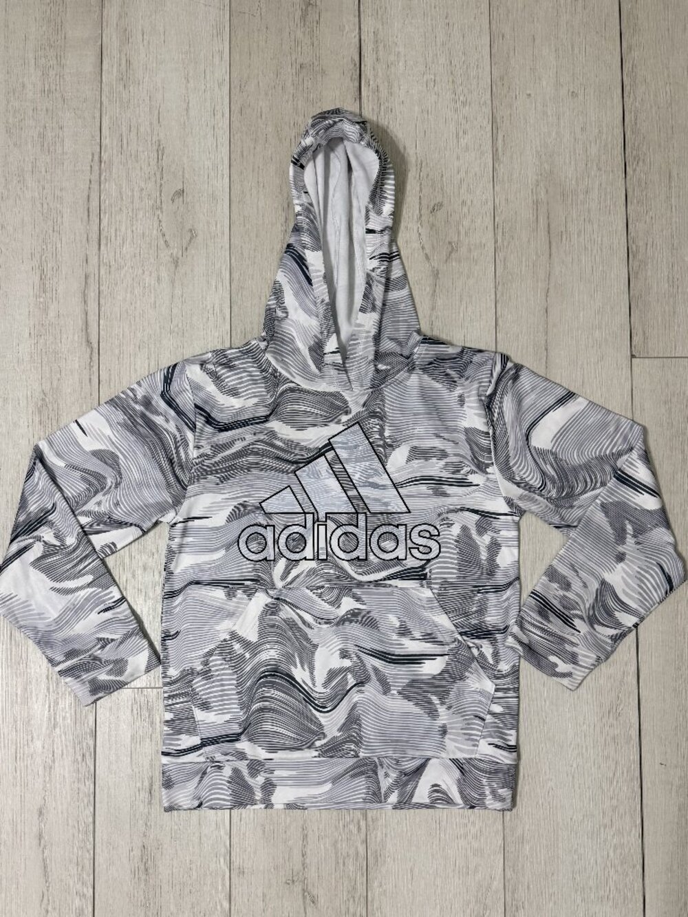 Adidas Boys Pullover Hoodie Performance Fleece Wavy Print White Gray Large 14/16